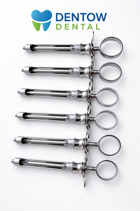 aProfessional 1.8ml dental aspirating syringe with stainless steel barrel and comfortable rubber grip handle